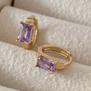 14K Gold Mini Huggie Hoops | Light Purple Crystal | Waterproof